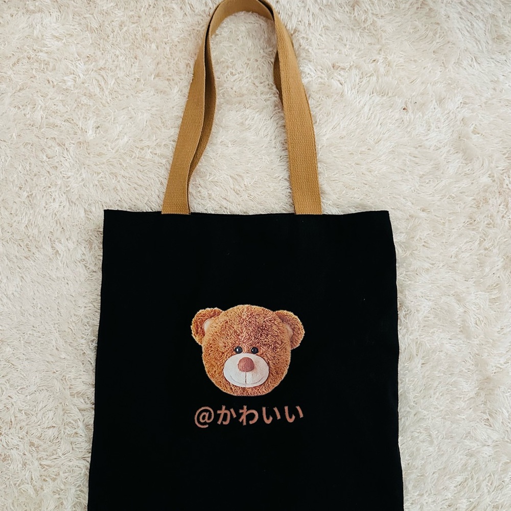 Black Tote Bag with Teddy Bear Design